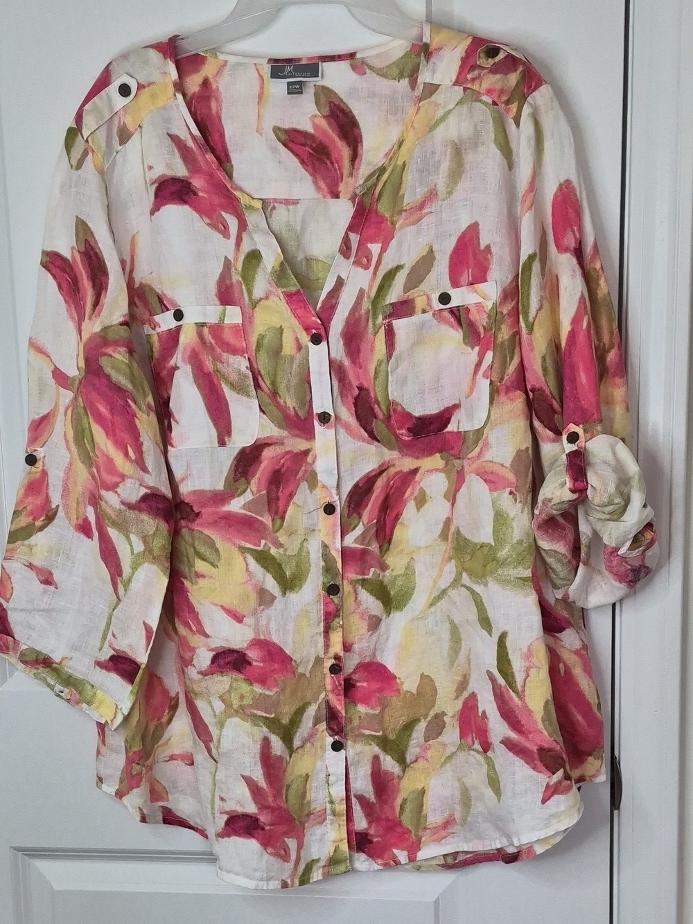 JM Collection Women's Floral Button-Front Linen Blend Top - Pink & Green Sz 22W